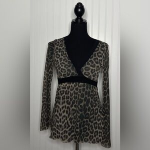 Johnny Heaven Babydoll Mesh Animal Leopard Print Top Size Small Black Tan Y2K